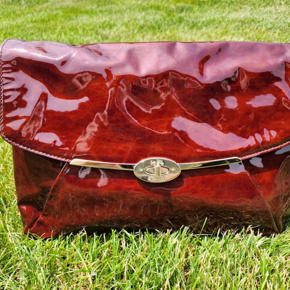 Coach Brown/Burgundy with Gold Clutch with Structured Design - Picture 1 of 8